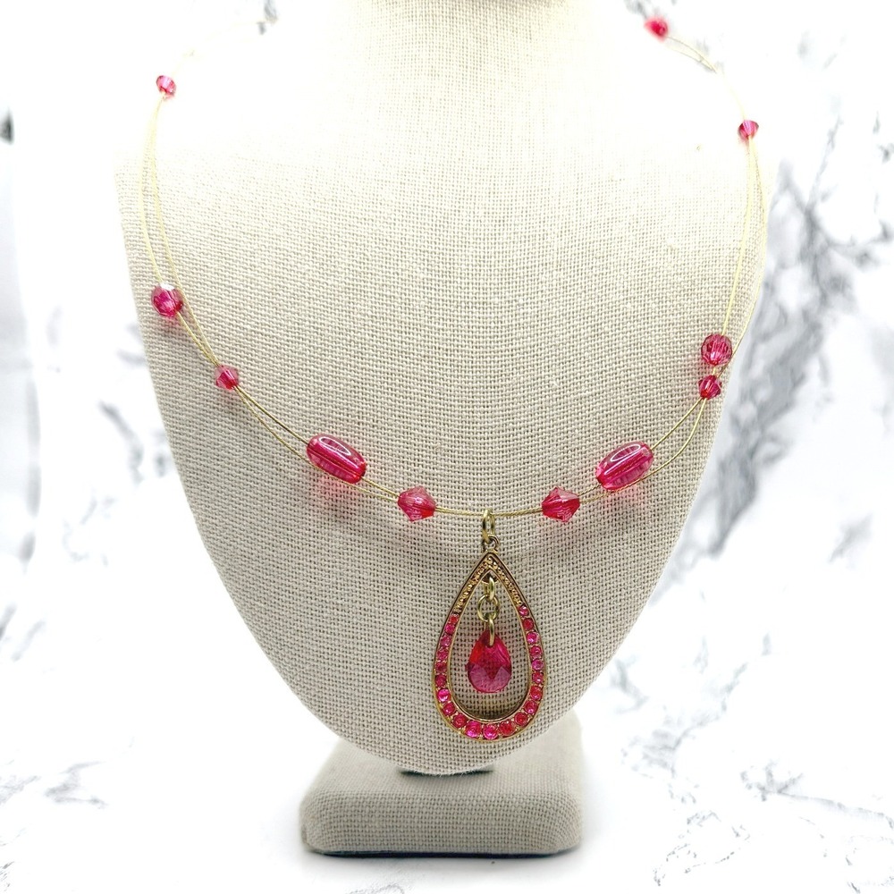 Pink Teardrop Pendant Necklace Gold Adjustable 14-17" Feminine‎